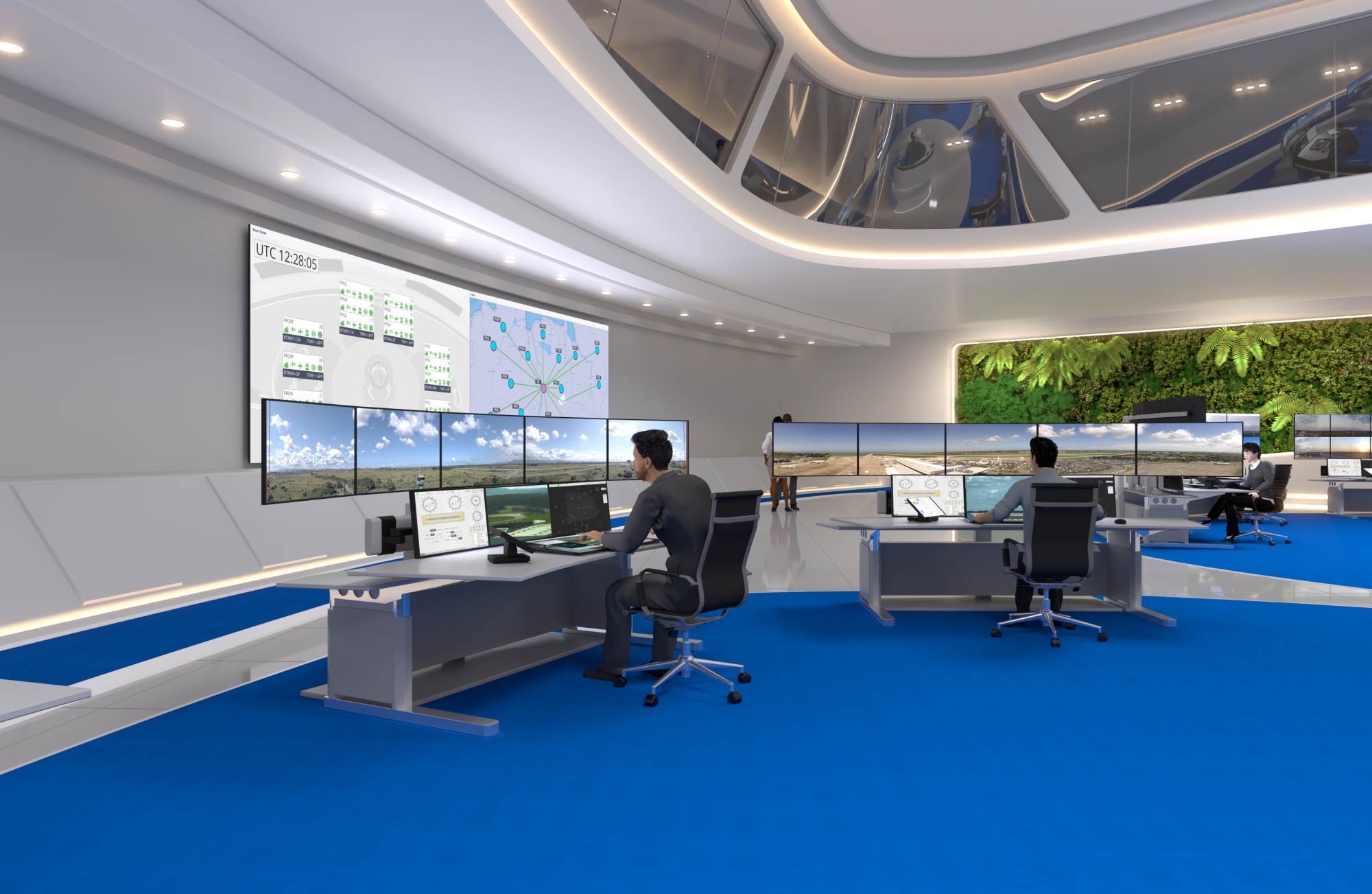 Two male and one female Air Traffic controller sitting at working positions